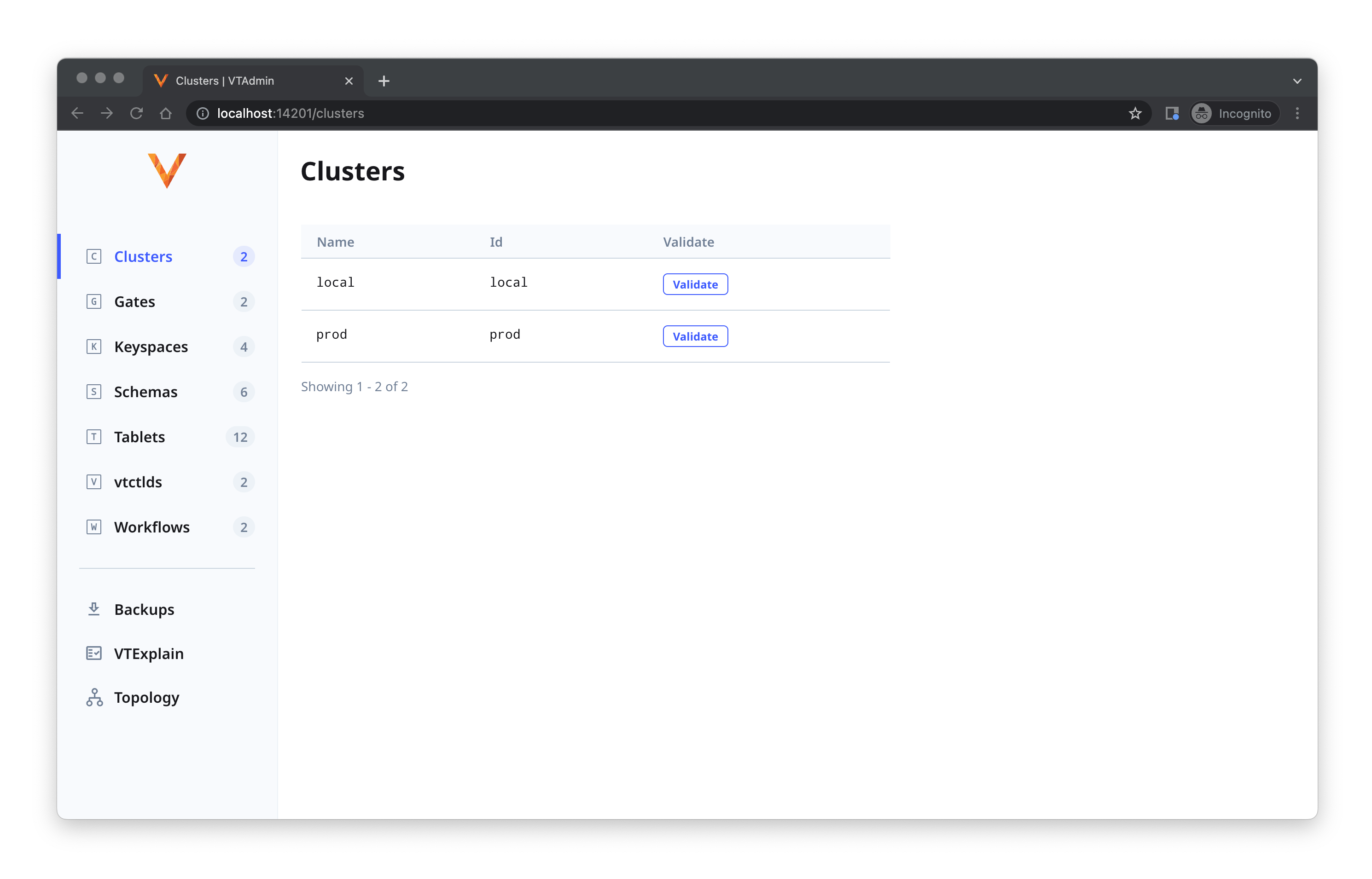 Multiple clusters on the /clusters page in VTAdmin